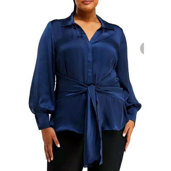 Estelle Ryder Wrap Shirt Blouse 3X 20W Button Front Collared Navy Blue NWT - Picture 2 of 12
